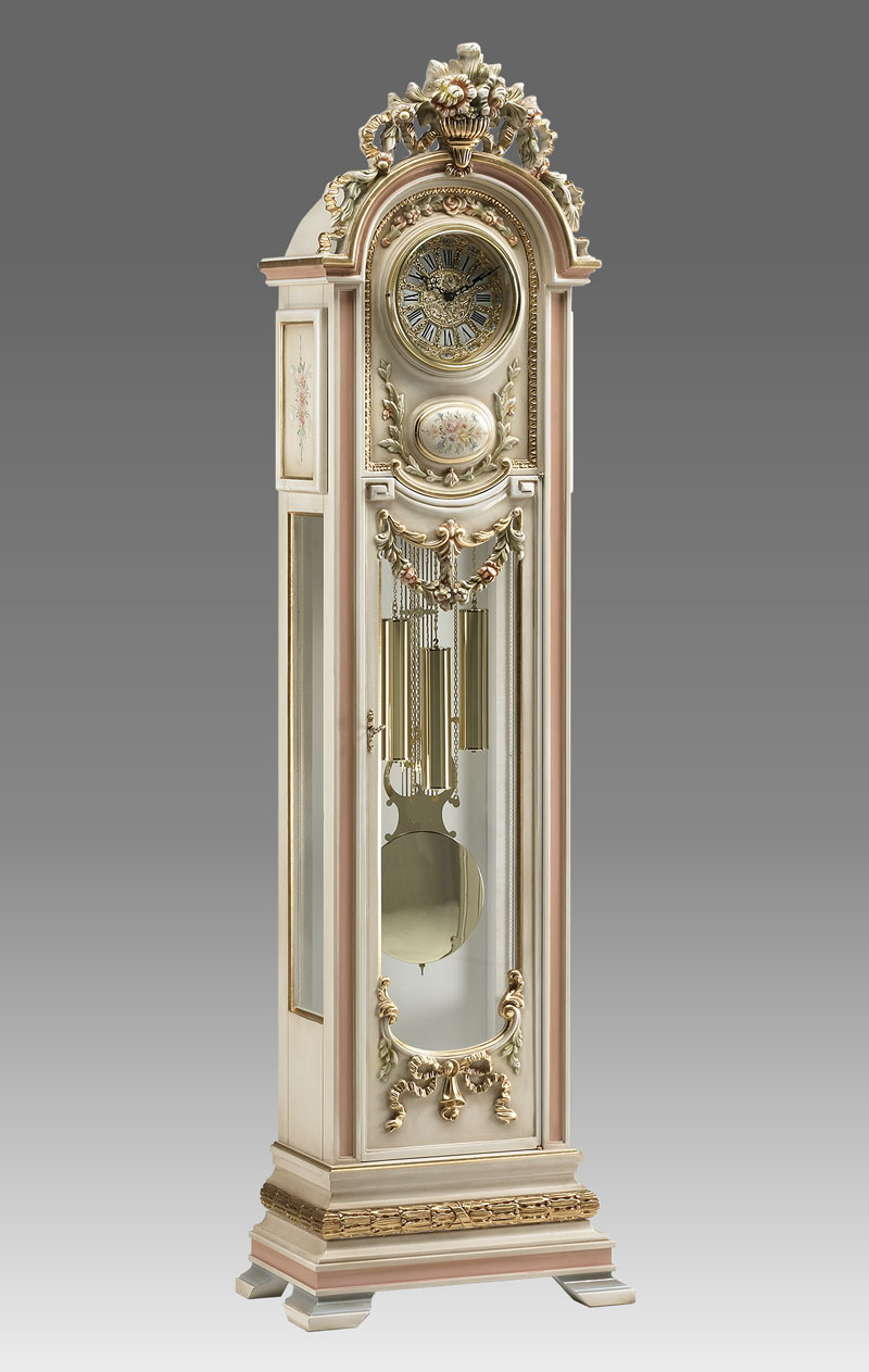 Grandfather clock Art.516/2 lacquered white patinated with gold and decoration
